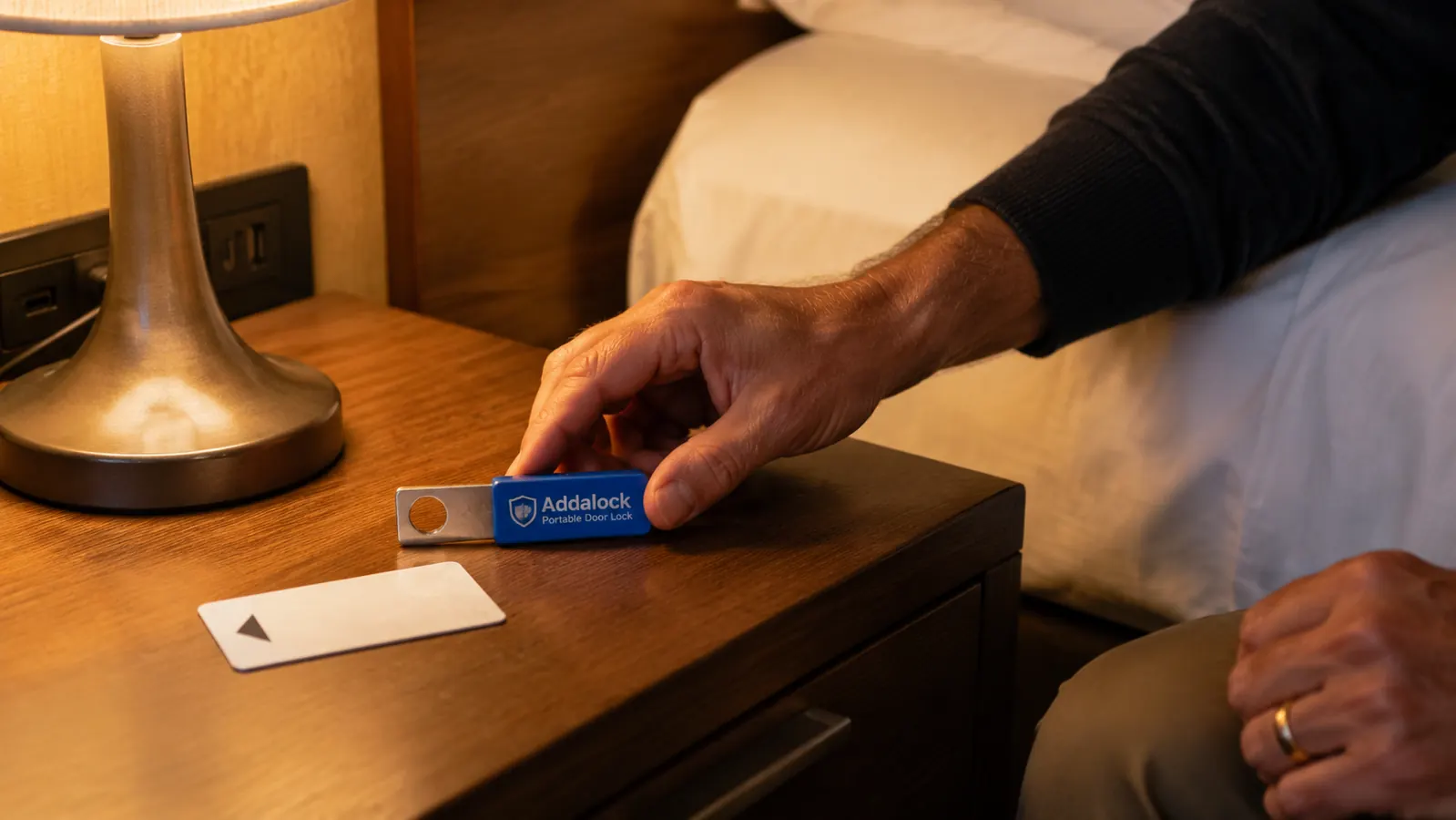 Addalock portable door lock shown next to a hotel key card for size comparison