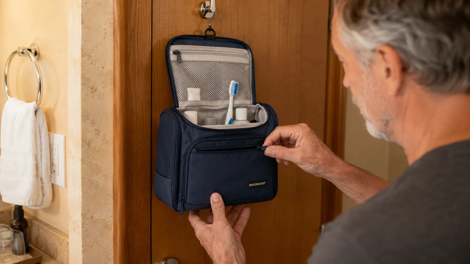 Hand unzipping the front pocket of a BAGSMART toiletry bag hanging on a bathroom door hook