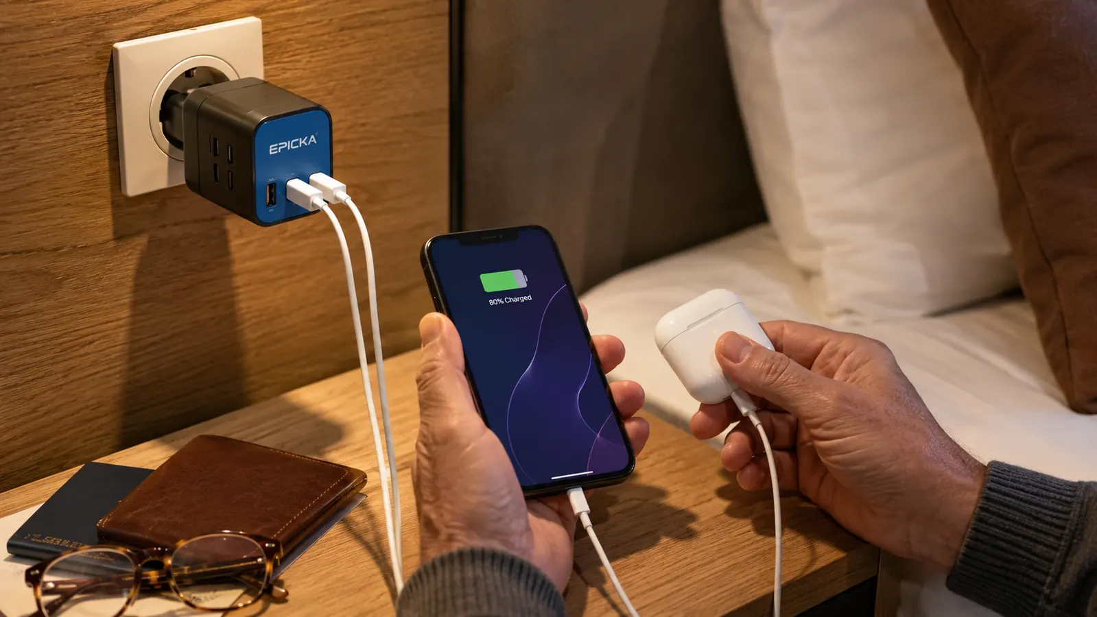 EPICKA universal travel adapter with four USB ports plugged into a European Type C wall outlet in a hotel room