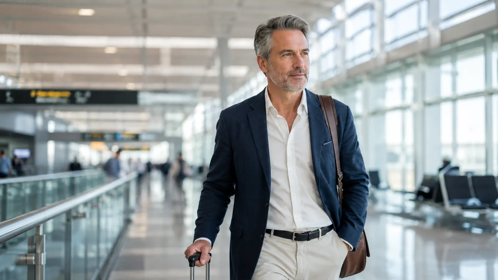 Traveler walking through an airport terminal looking relaxed and energetic after a long flight