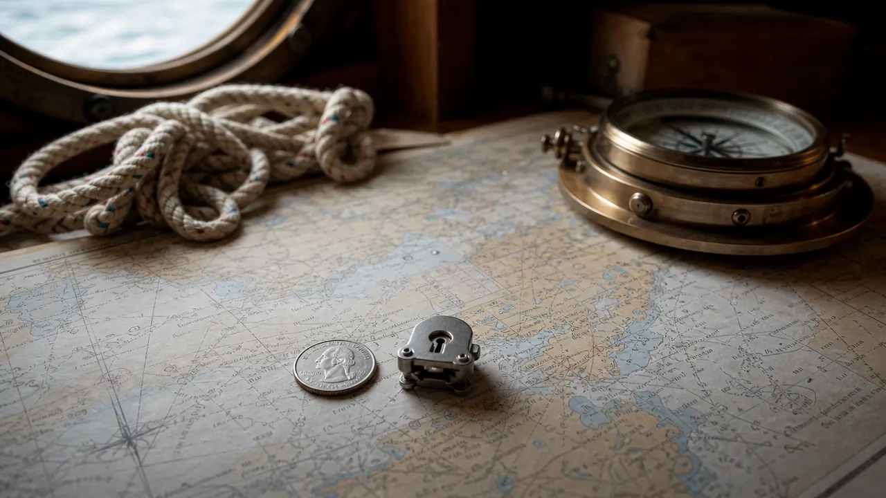 Addalock portable door lock next to a quarter coin on a sailboat chart table showing its compact size