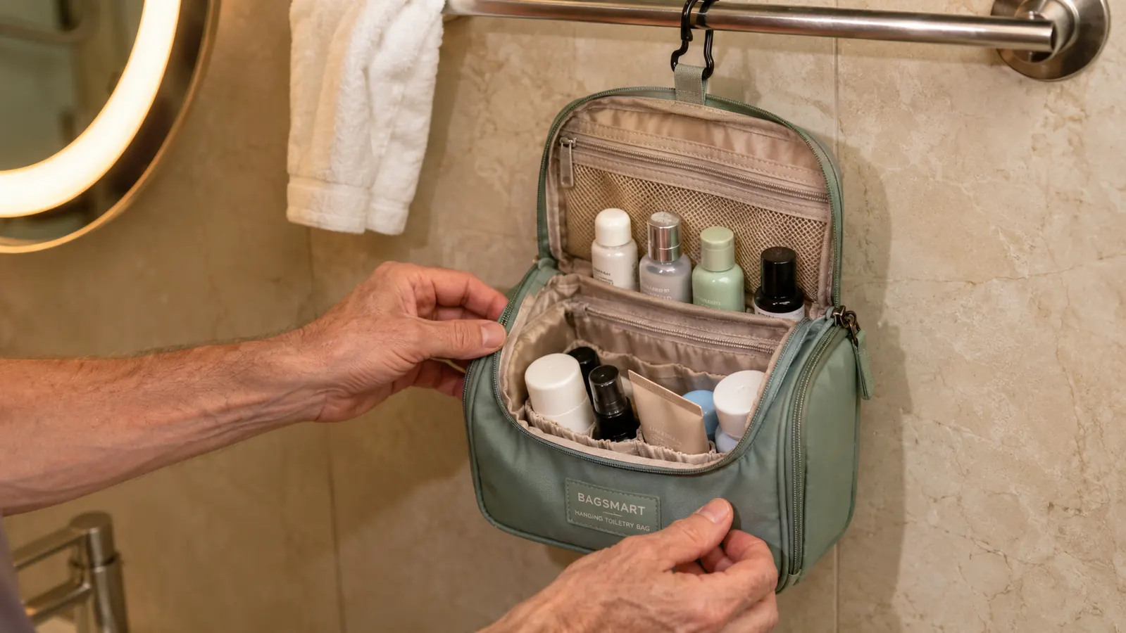 BAGSMART hanging toiletry bag unzipped and spread open showing interior compartments with toiletries organized inside