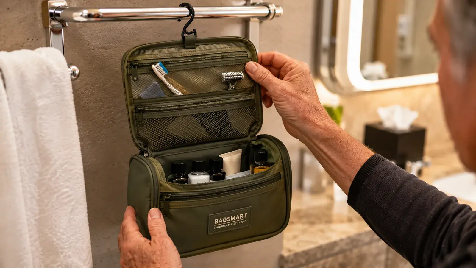 BAGSMART hanging toiletry bag open on a hook showing interior compartments with travel-size bottles and a shaving kit