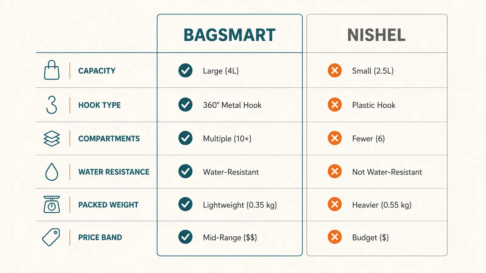 Side-by-side spec comparison chart of BAGSMART versus NISHEL hanging toiletry bags