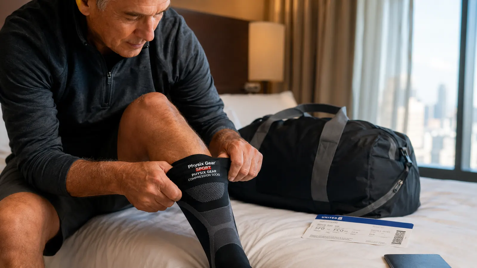 Close-up of someone pulling on a compression sock while seated on a bed with a packed duffel bag nearby
