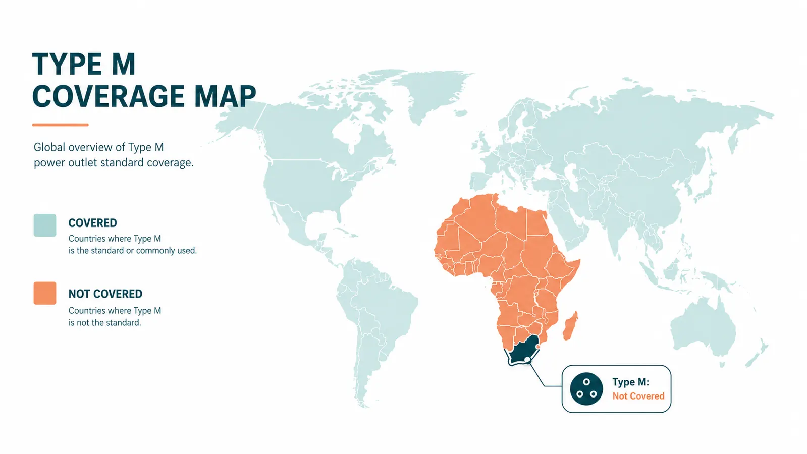 World map highlighting South Africa with a callout note showing Type M plug not covered by EPICKA