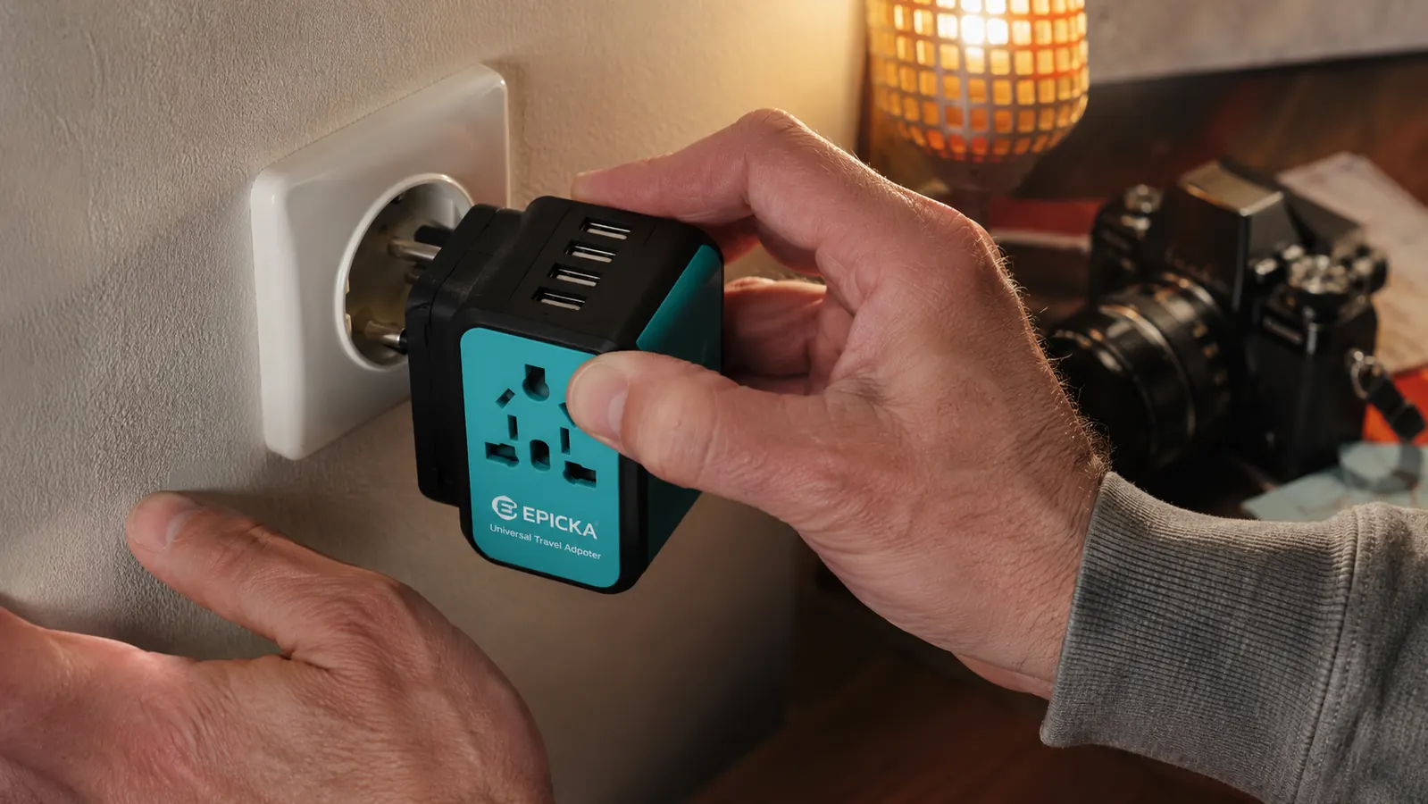 Hand inserting EPICKA travel adapter into a European two-prong wall outlet