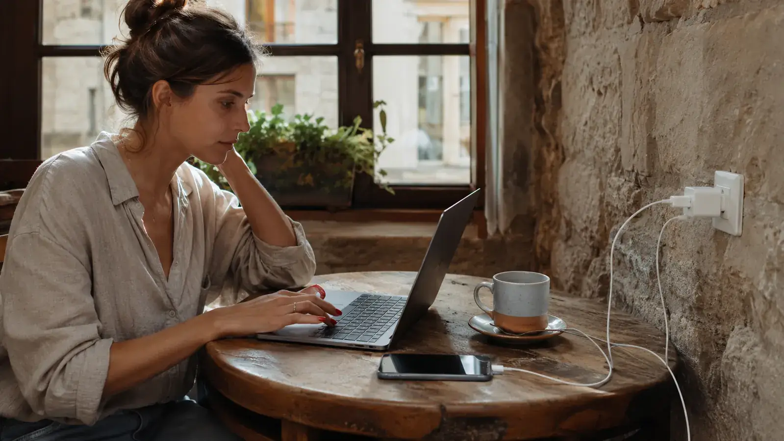 EPICKA travel adapter powering a laptop and phone on a cafe table in a European setting
