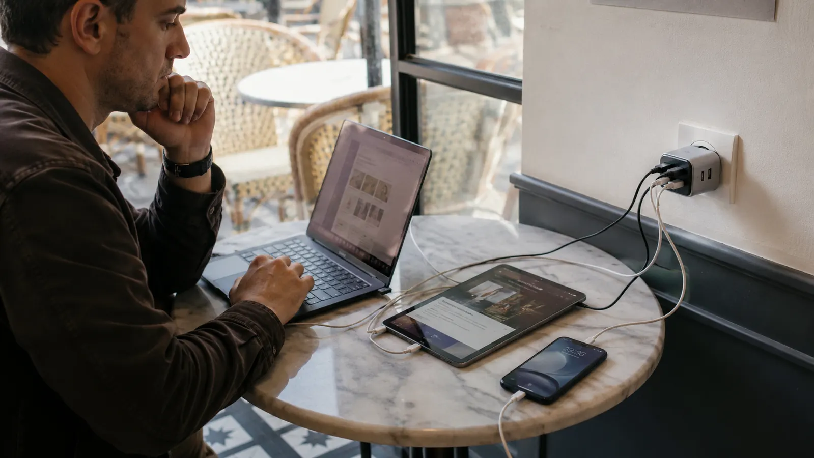 Universal travel adapter charging a phone, tablet, and laptop simultaneously on a café table in a European city