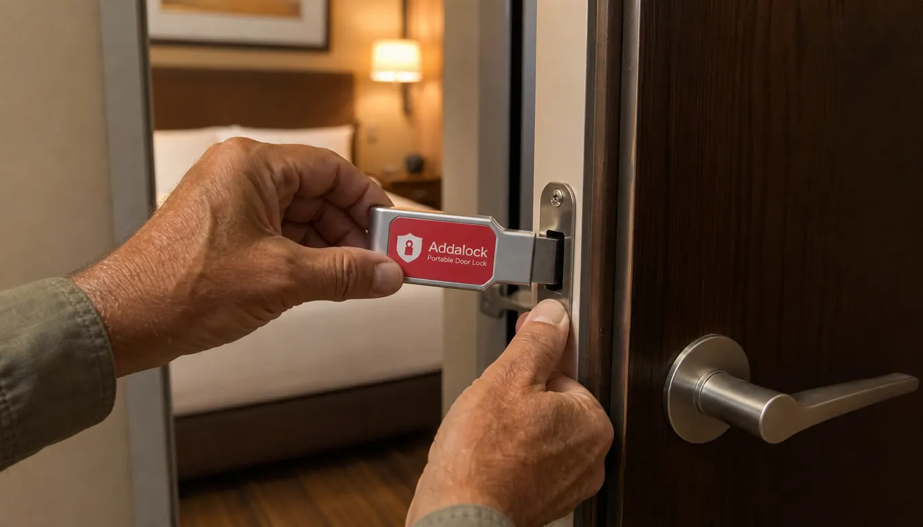 Hand inserting the Addalock portable door lock into a hotel door latch plate