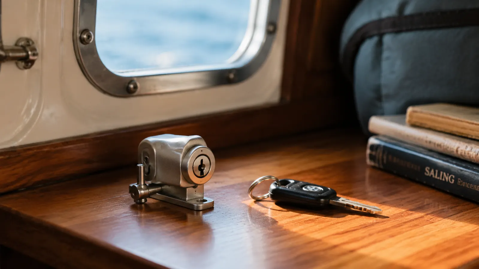 Addalock portable door lock sitting on a wooden sailboat shelf next to a motorcycle key fob