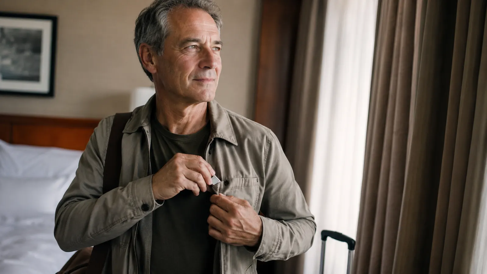 Traveler packing a small metal lock into a jacket breast pocket before leaving a hotel room