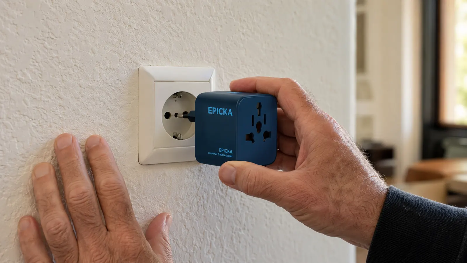 Hand inserting the EPICKA universal travel adapter into a European Type C outlet on a plaster wall