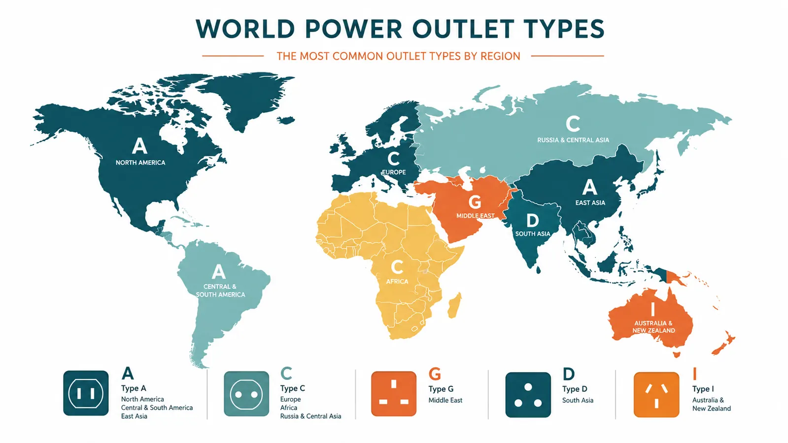Diagram showing plug types A through G mapped to world regions on a simple flat illustration