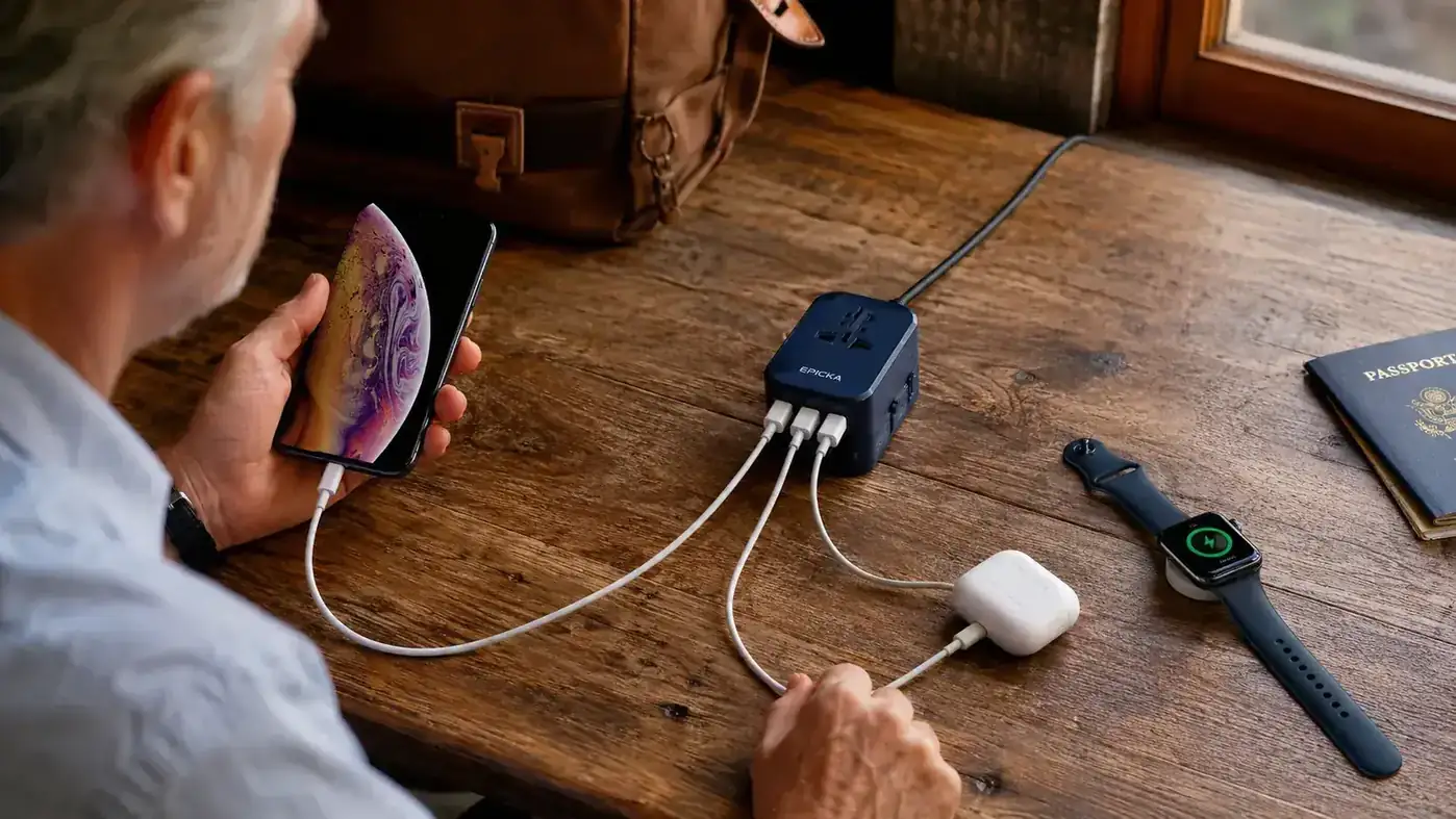 EPICKA adapter on a wooden table with USB cables plugged in and a small multi-device charging setup