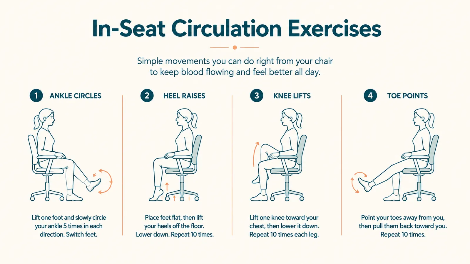 Infographic showing ankle circle exercises and seated calf raises a traveler can do in a plane seat