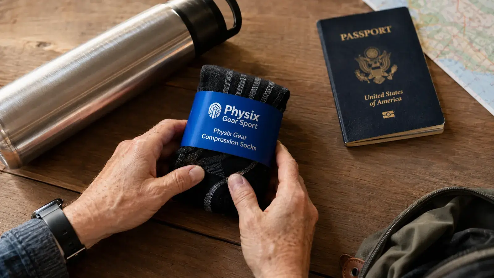 Physix Gear compression socks next to a water bottle and passport ready for travel