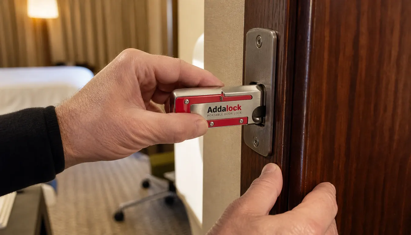 Hand inserting the Addalock portable door lock into a hotel door strike plate