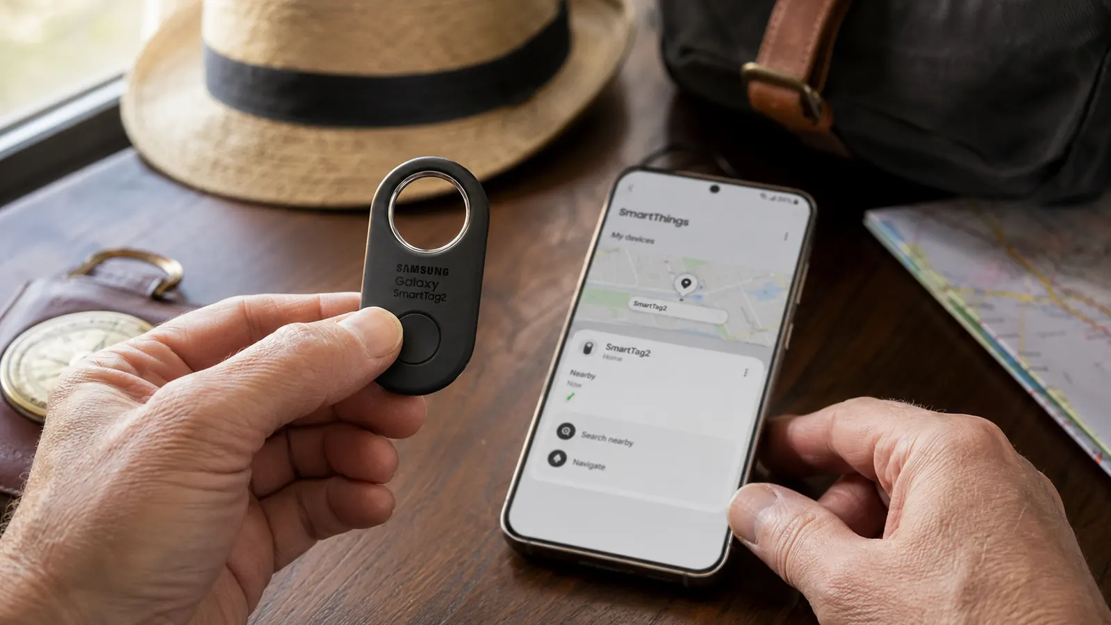 Hand pressing the Samsung Galaxy SmartTag2 button to pair it, SmartThings app open on an Android phone in the background