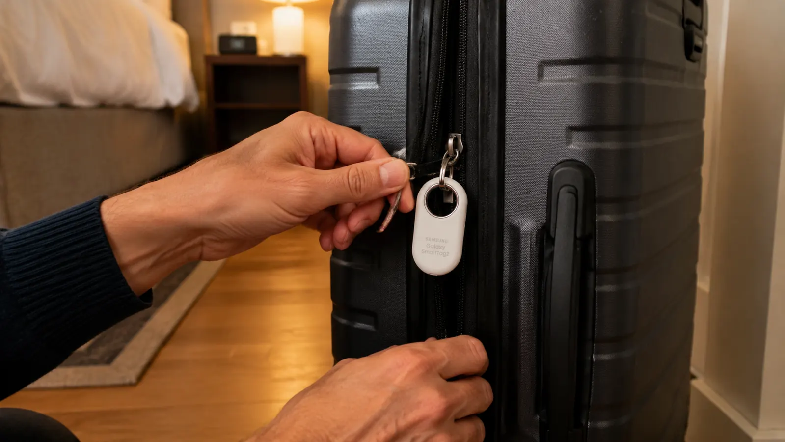 Samsung SmartTag2 attached to a suitcase zipper pull with a keyring, bag standing upright on a hotel room floor