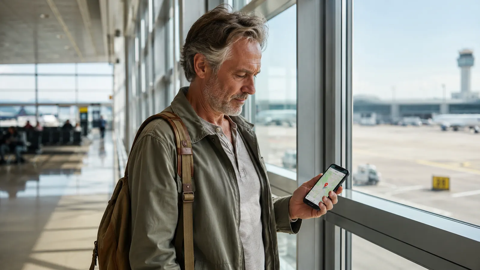 Traveler in his late 50s checking a phone map showing the last known location of a bag while standing in an airport terminal