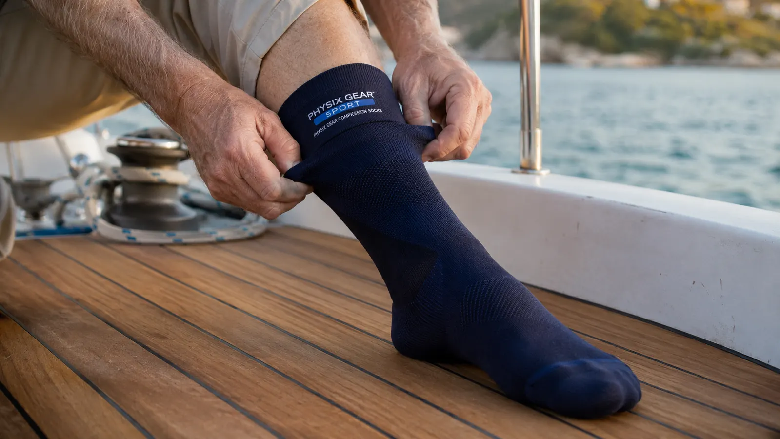 Close-up of compression socks being pulled on over a foot with a bare wooden deck in the background