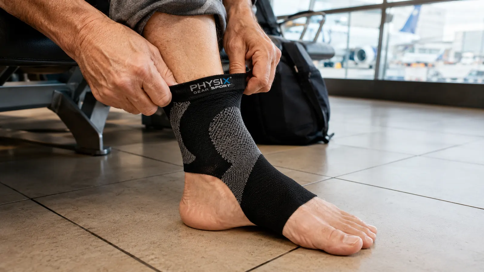 Physix Gear compression socks being pulled on over the ankle before boarding