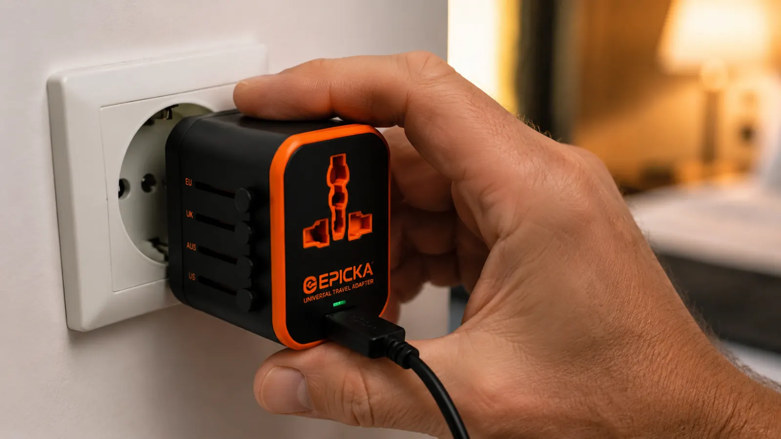 Hand plugging the EPICKA universal travel adapter into a European Type F wall outlet, phone cable connected, indicator light glowing