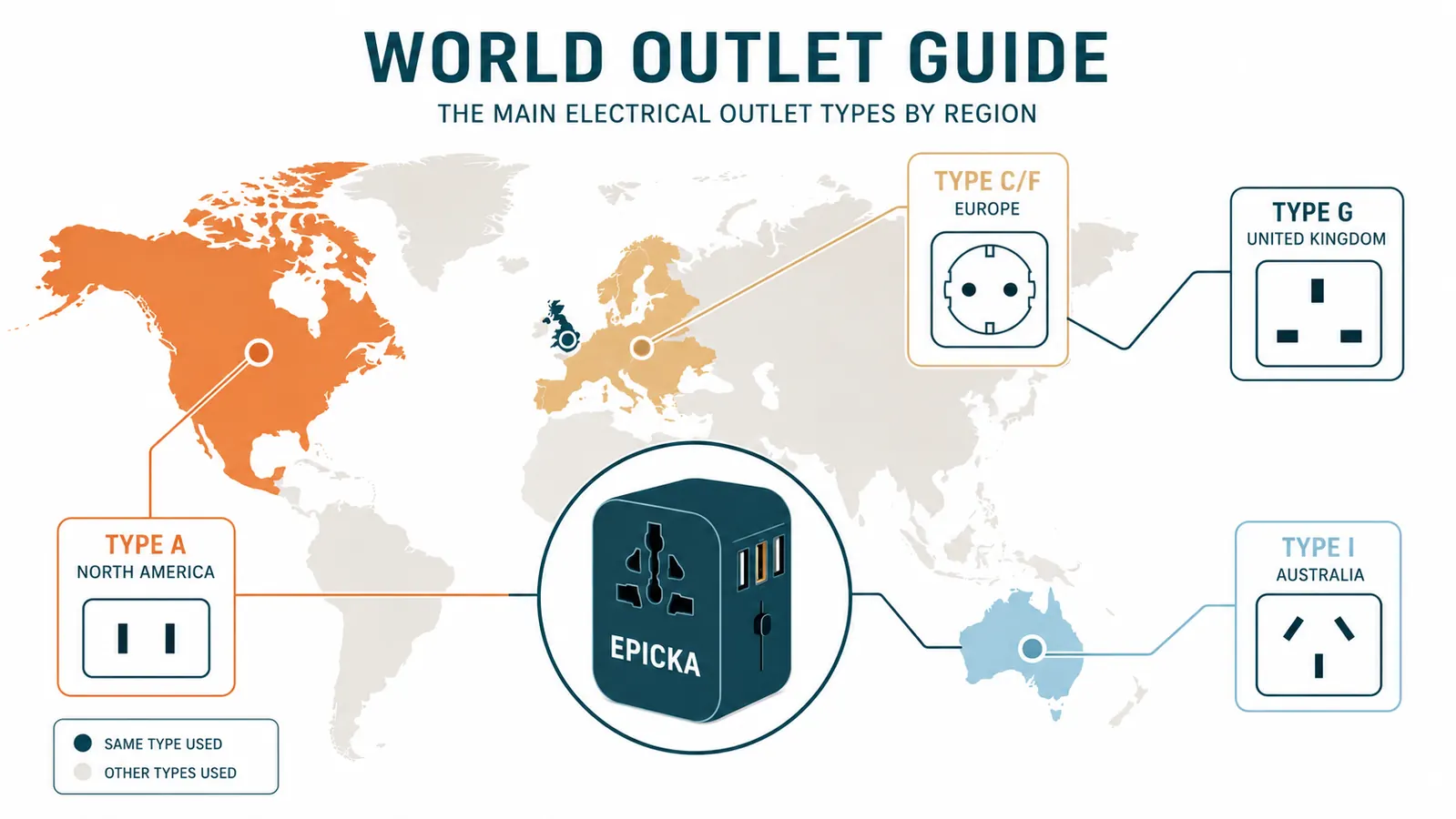 World map with outlet type icons labeled for each region, US, UK, Europe, Australia, and Asia, with the EPICKA adapter shown at center