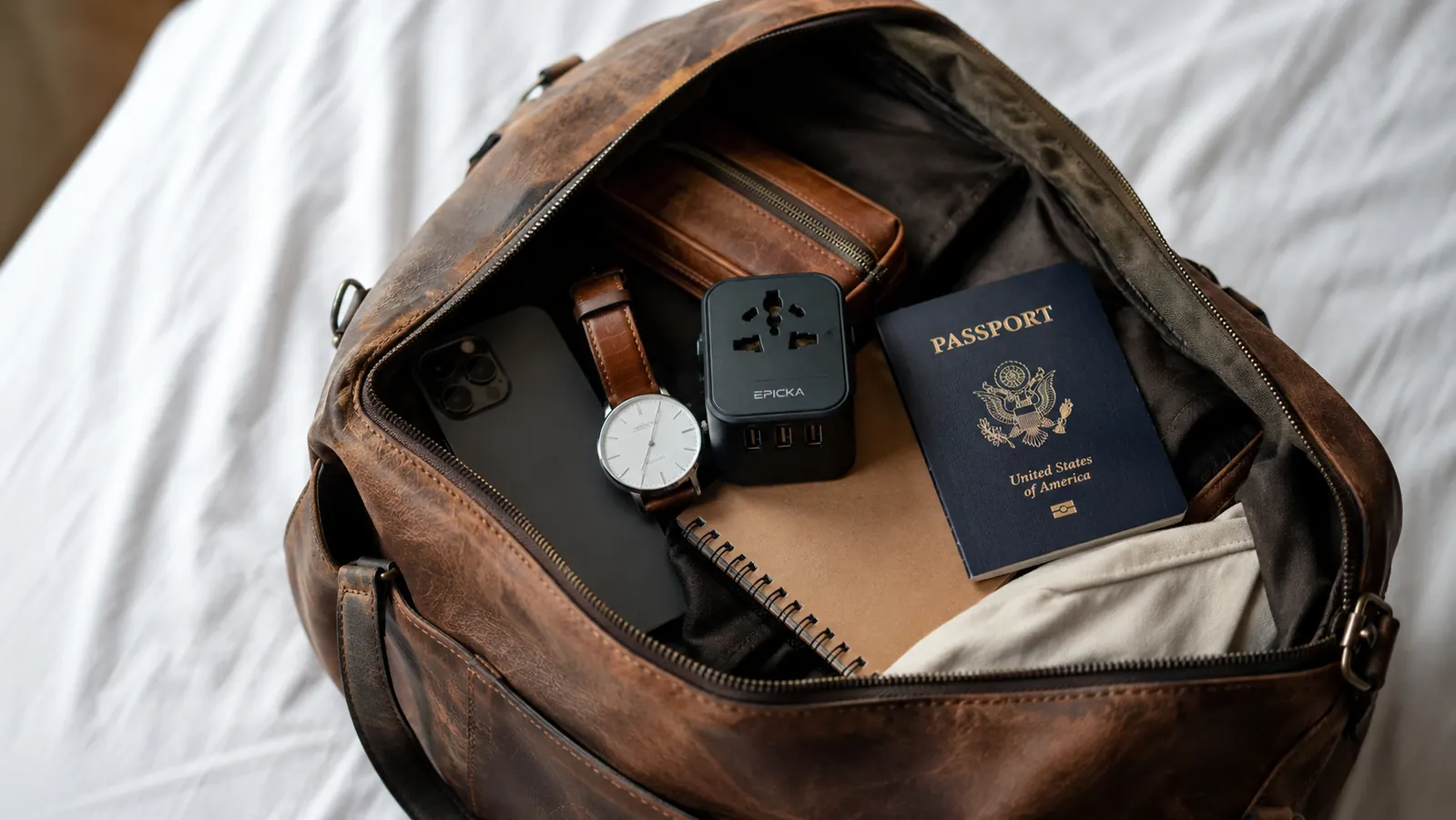 Travel bag open on a bed with the EPICKA adapter visible alongside a phone, watch, and small notebook, ready to be packed