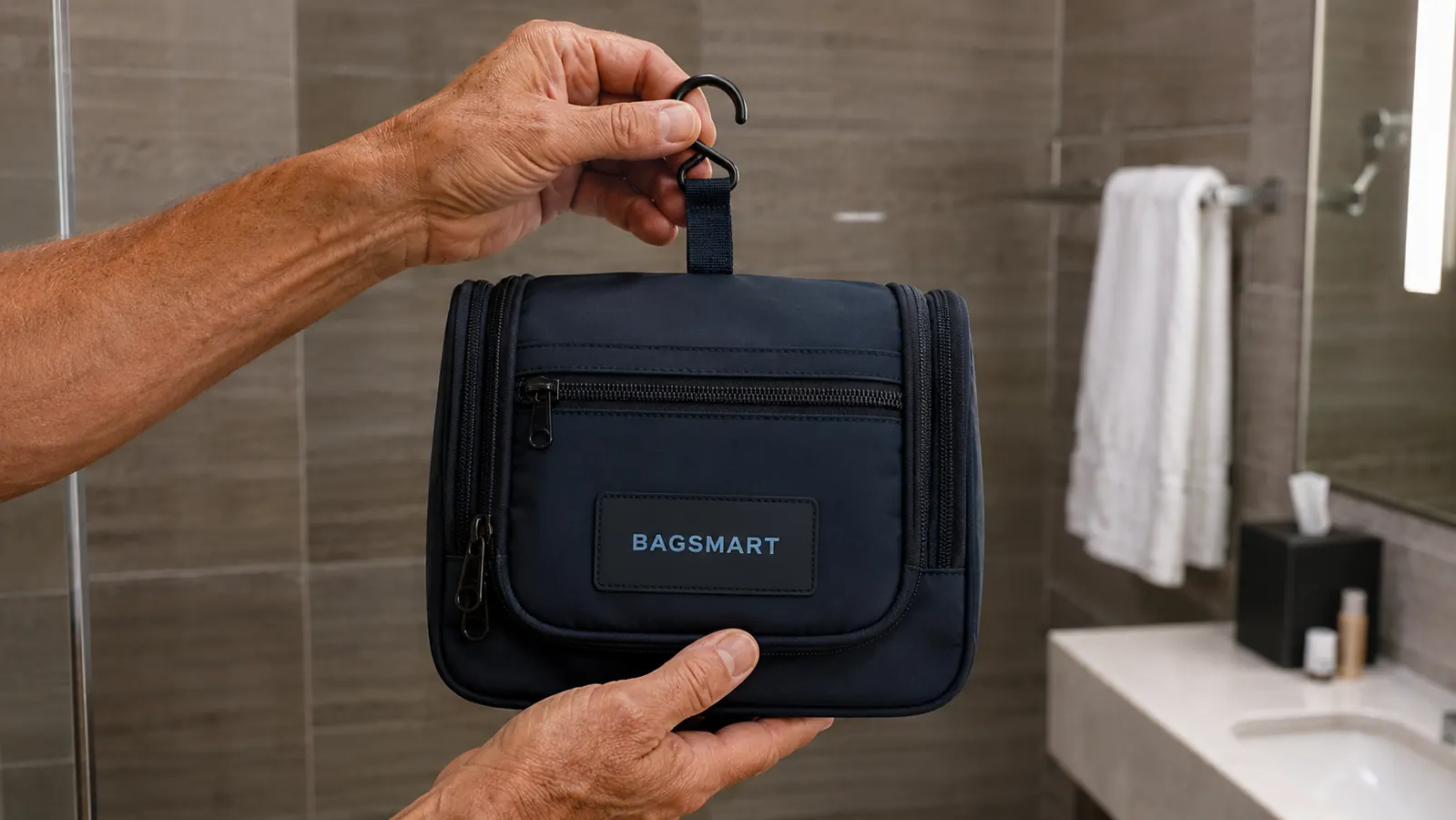 Hands holding the BAGSMART toiletry bag closed, showing the exterior fabric and zipper detail